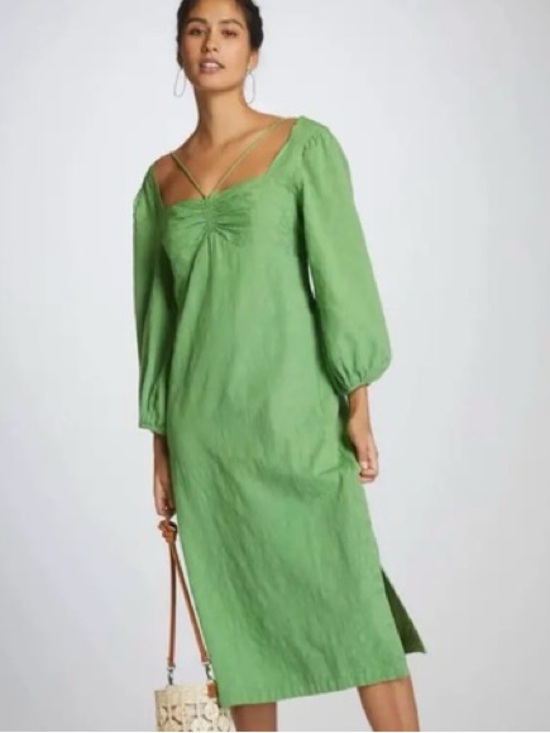 Anthropologie Dresses & Skirts - Anthropologie Maeve Low Back Midi Dress Green Size 4 Floral Puff Sleeve Cotton